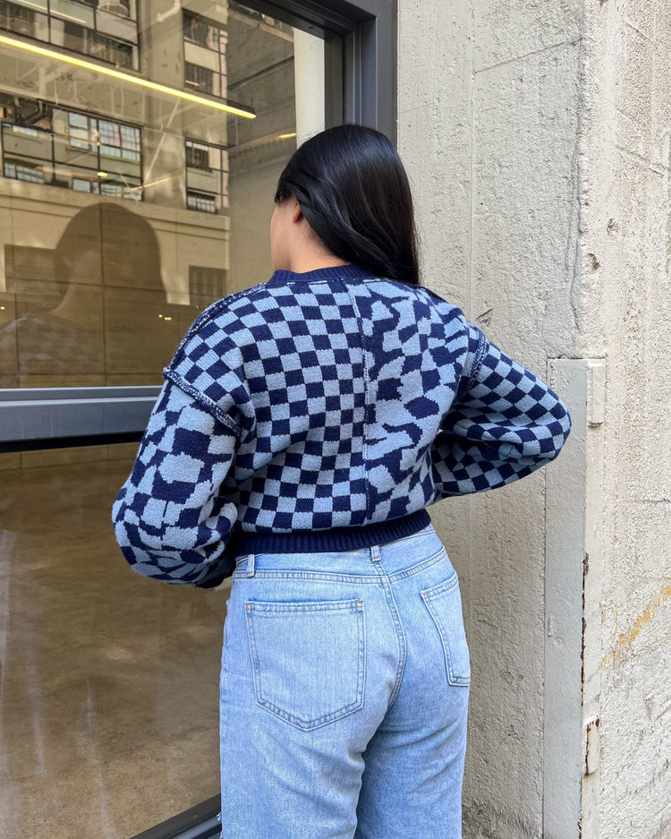 Ramona Blue Checkered Sweater - Marmol Boutique