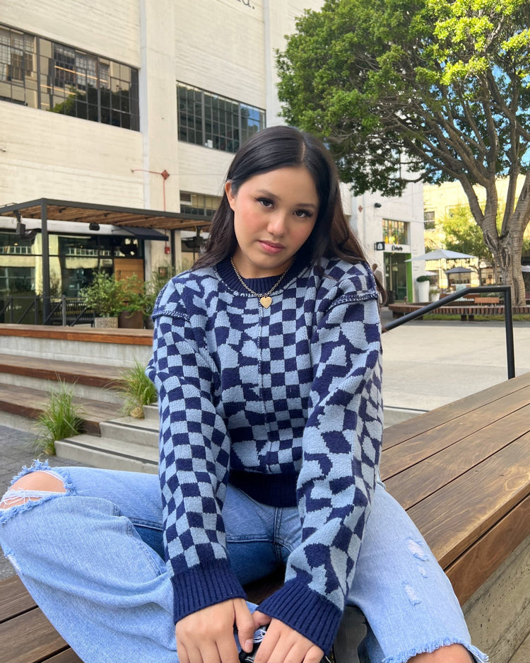 Ramona Blue Checkered Sweater - Marmol Boutique