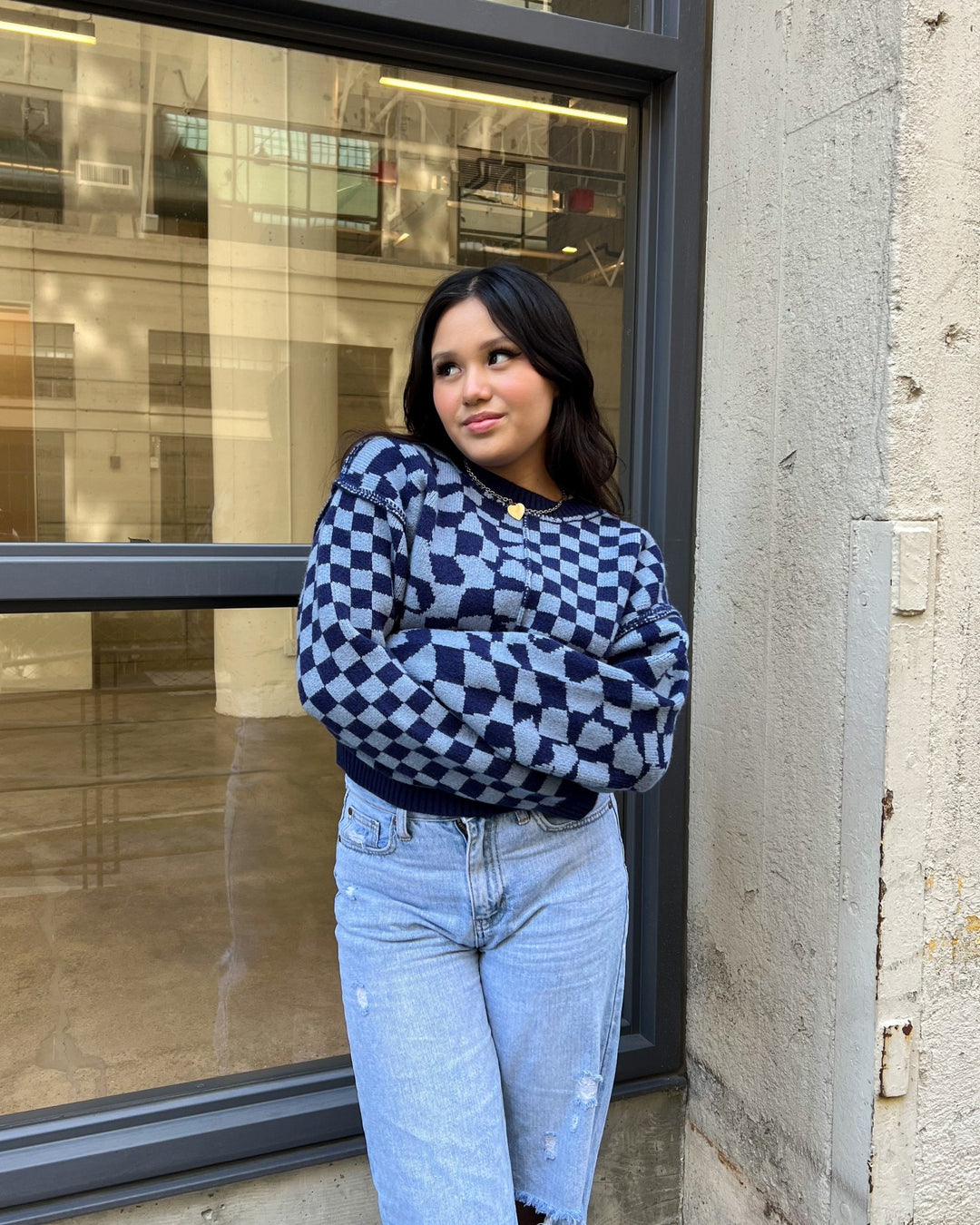 Ramona Blue Checkered Sweater - Marmol Boutique