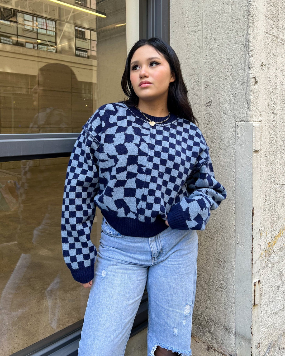 Ramona Blue Checkered Sweater - Marmol Boutique